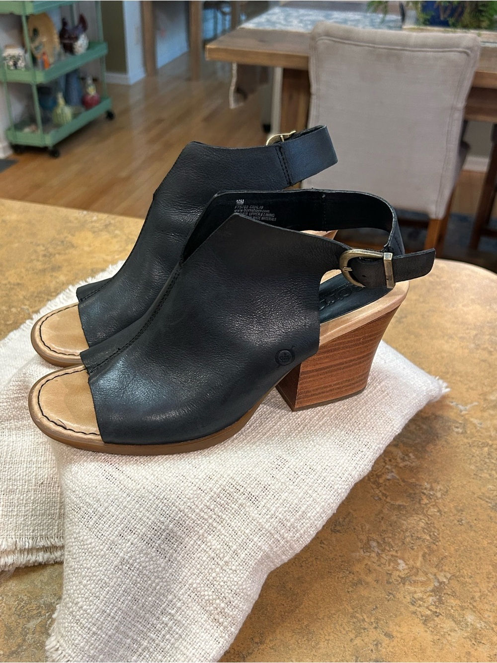 Born Moraine Black Leather Open-Toe Slingback Heels with Brown Stacked Heel